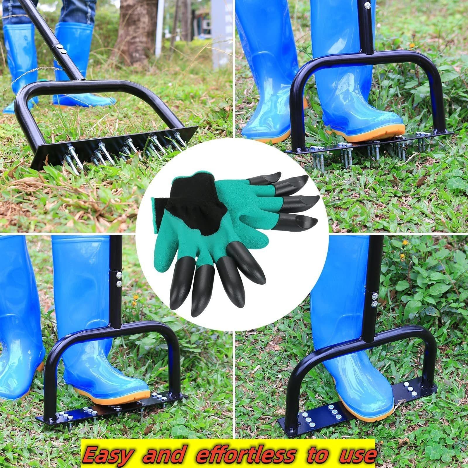 image-Lawn Aerator Tool Manual Metal Spike Grass Aeration With Dethatching Rake 15 Iron Spikes For Yard And Garden Compacted Soil Aerator Tool Black