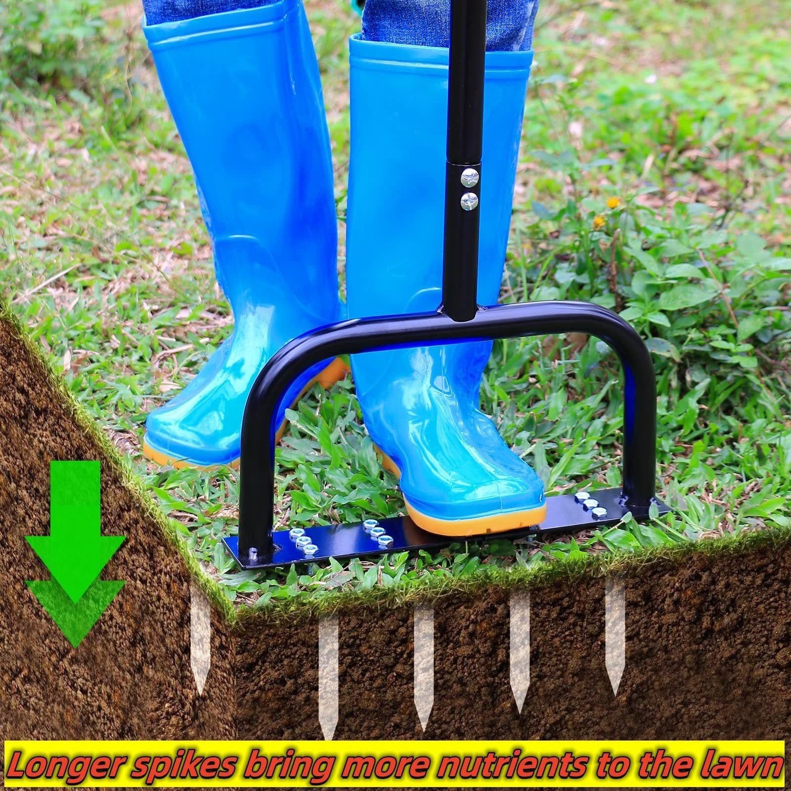 image-Lawn Aerator Tool Manual Metal Spike Grass Aeration With Dethatching Rake 15 Iron Spikes For Yard And Garden Compacted Soil Aerator Tool Black