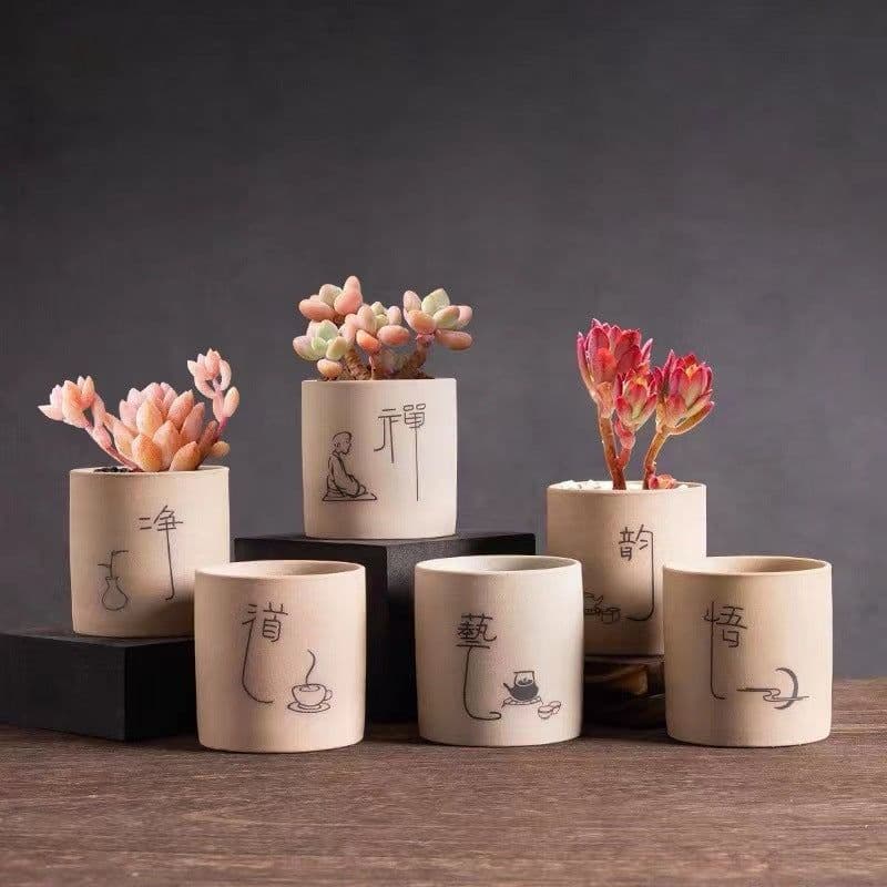 image-Simple Ceramic Succulent Flower Pot Indoor Stoneware Breathable Plant Thumb Pot Combination Set Table Decoration Small Ornaments