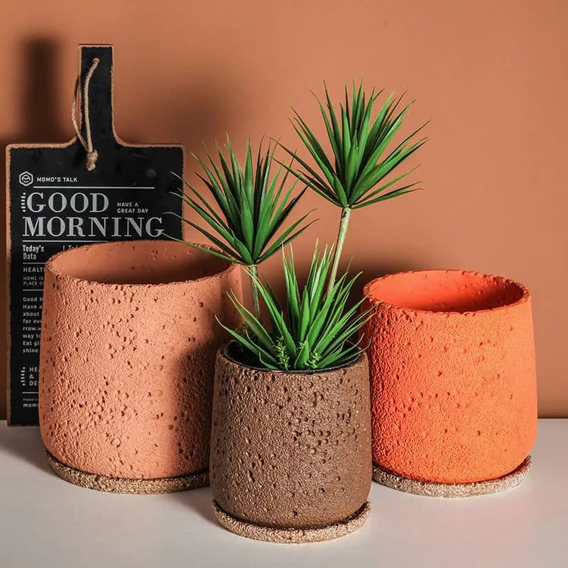 image-Nordic Cement Flowerpot Creative Volcanic Rock Breathable Greenery Potted Pot With Tray Flowerpot