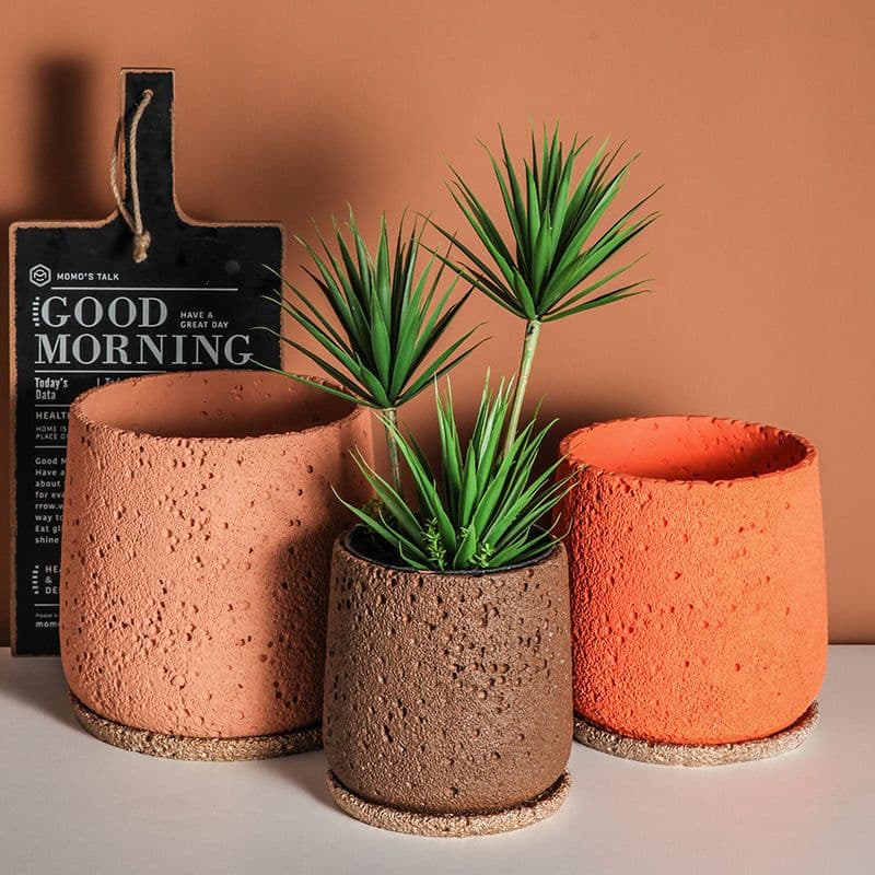 image-Nordic Cement Flowerpot Creative Volcanic Rock Breathable Greenery Potted Pot With Tray Flowerpot