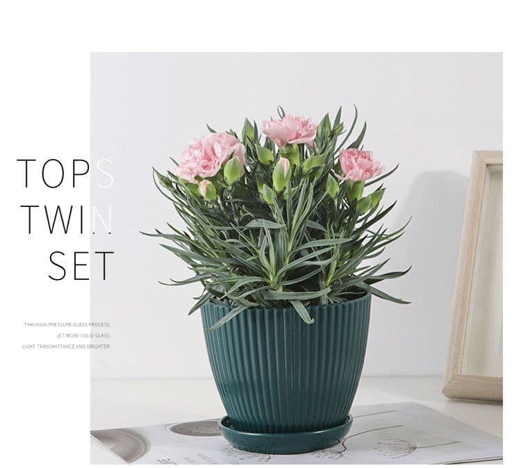 image-Plastic Resin Thickened Vertical Stripes Green Plant Pot Colorful Round Flower Pot