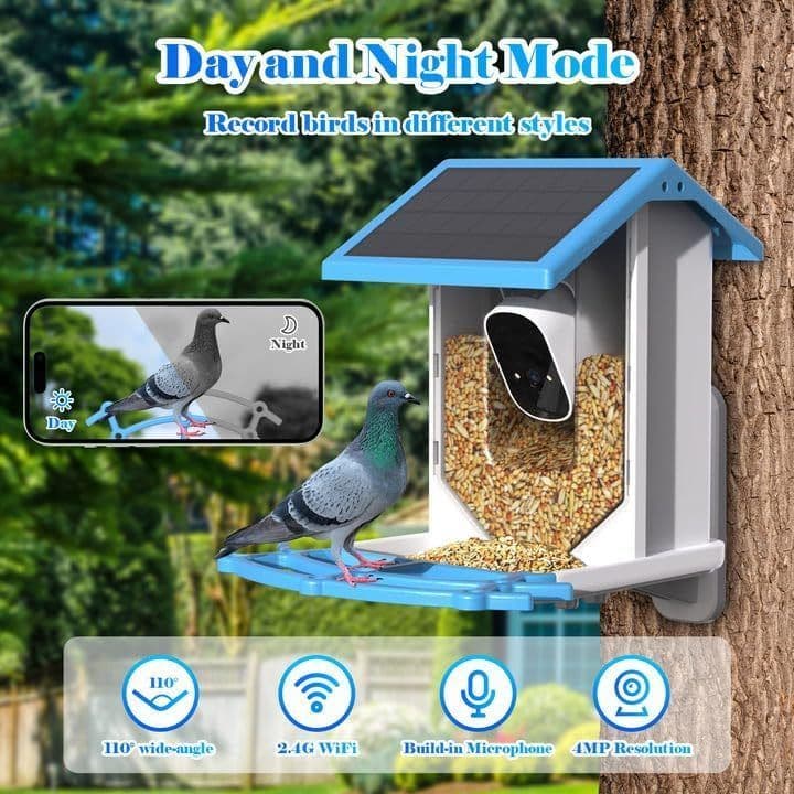 image-Smart Bird Feeder With Camera,Solar-Powered WiFi 4MP Live Camera,AI Identify Bird Species Auto Capture Garden Bird Watching&Motion Detection,Ideal Gift For Bird Lovers,Blue