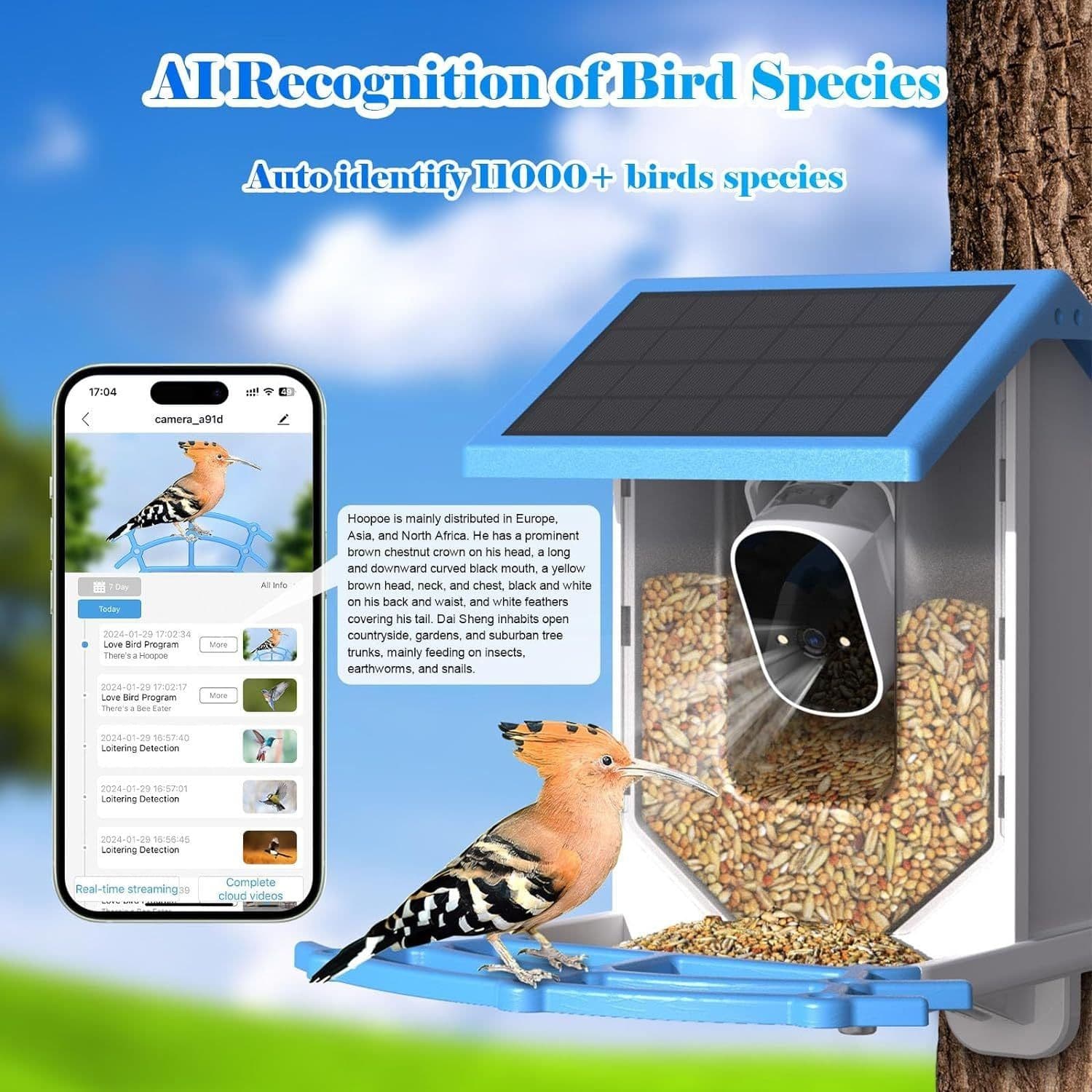 image-Smart Bird Feeder With Camera,Solar-Powered WiFi 4MP Live Camera,AI Identify Bird Species Auto Capture Garden Bird Watching&Motion Detection,Ideal Gift For Bird Lovers,Blue
