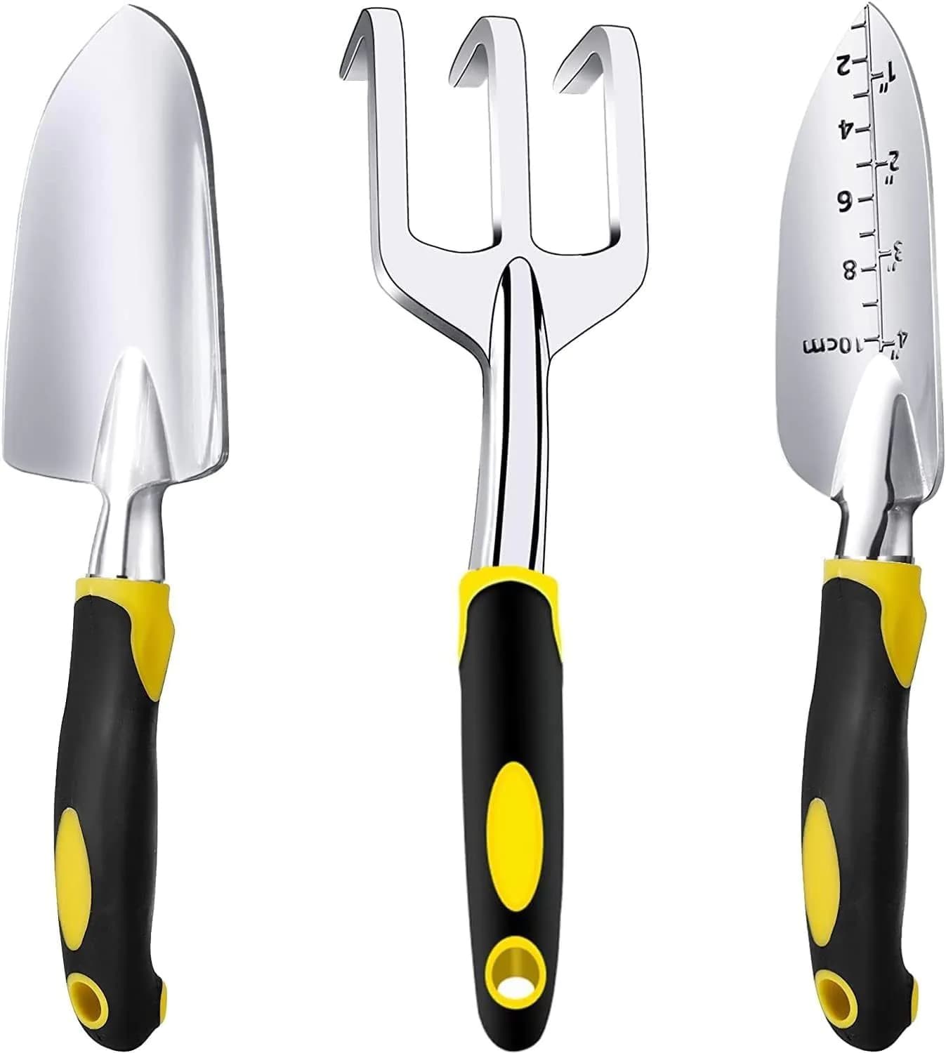 image-Gardening Hand Tools 3 Piece Set - Heavy Duty Garden Trowel, Transplanter, Hand Rake - Ergo Grip Handle - Bend-Proof & Rust-Proof Design