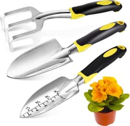 image-Gardening Hand Tools 3 Piece Set - Heavy Duty Garden Trowel, Transplanter, Hand Rake - Ergo Grip Handle - Bend-Proof & Rust-Proof Design