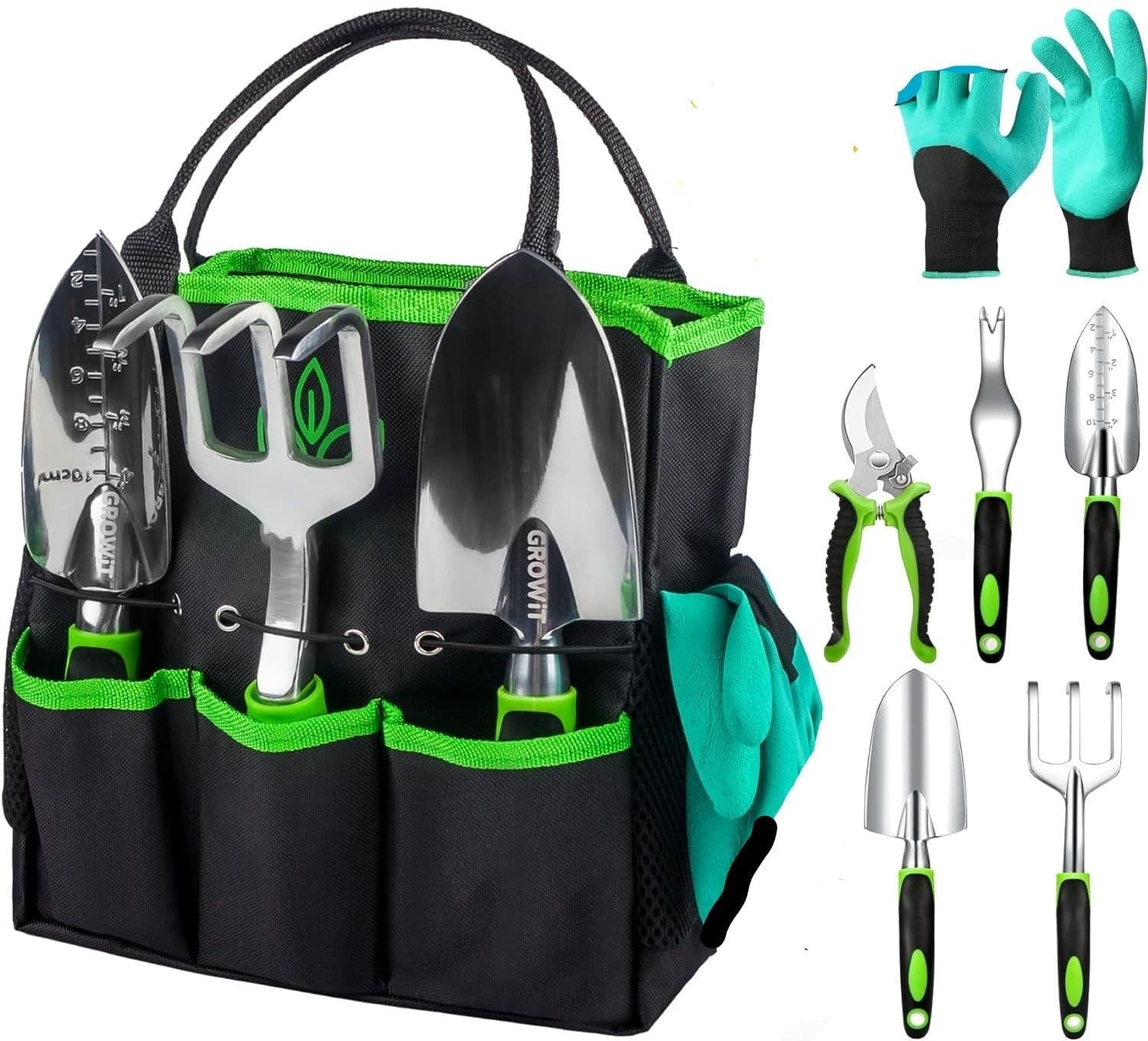 image-Heavy Duty Garden Tools 9Pieces Set - Rust Proof, Ergonomic Gardening Hand Tools Garden Gifts For Mom And Dad