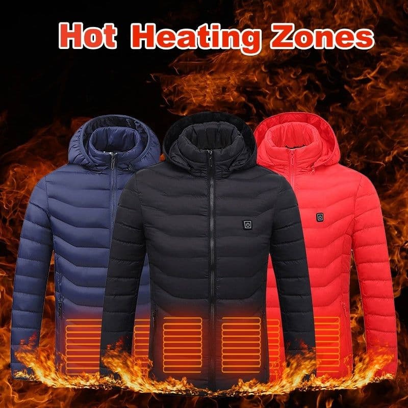image-Men Heated Puffer Jacket Electric Heating Coat Insulated Hood Windbreaker 9Heat Zones