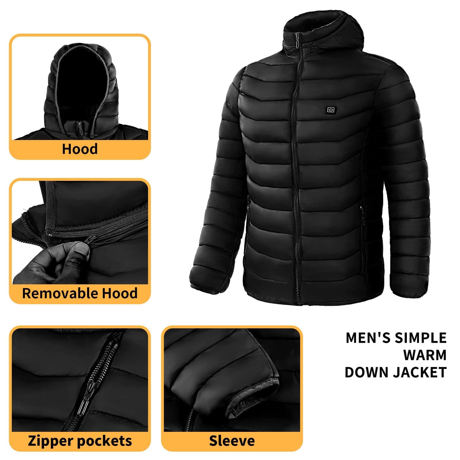 image-Men Heated Puffer Jacket Electric Heating Coat Insulated Hood Windbreaker 9Heat Zones