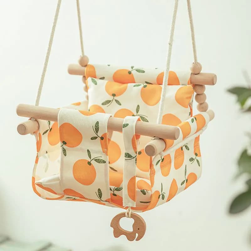 image-Cotton Canvas Baby Swing Chair Hanging Swing Indoor Outdoor Safety Baby Children's Toy Wooden Seat With Cushion Baby Room Decor