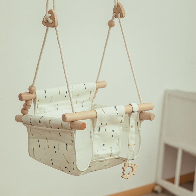 image-Cotton Canvas Baby Swing Chair Hanging Swing Indoor Outdoor Safety Baby Children's Toy Wooden Seat With Cushion Baby Room Decor