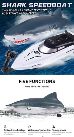 image-New Electric Shark RC Boat Vehicles Waterproof Swimming Pool Simulation Model Toys 2 In 1 High-speed Remote Control Boat