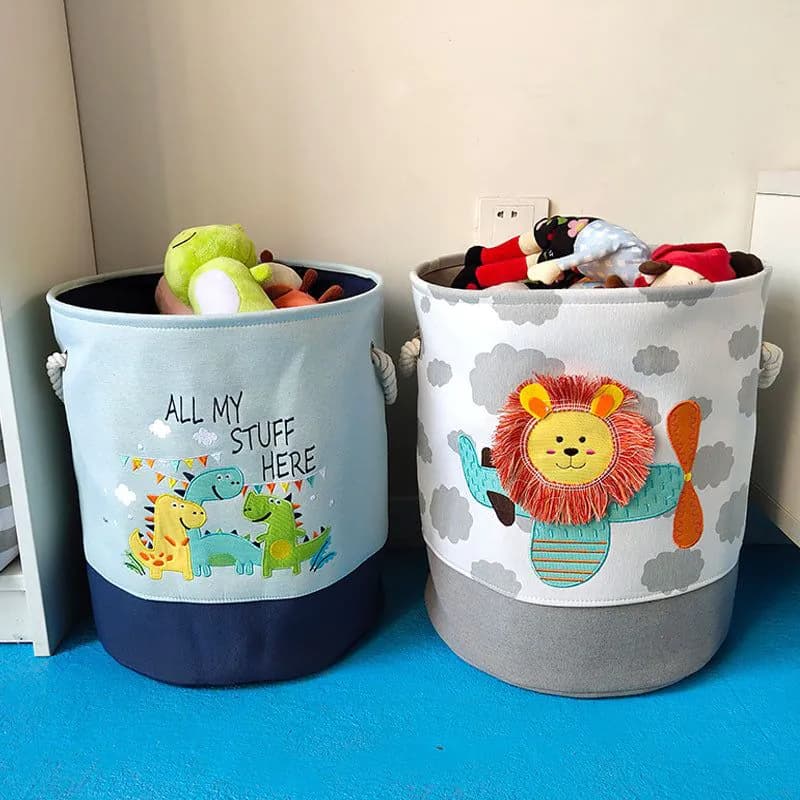 image-Foldable Cartoon Toy Storage Basket Cotton Linen Storage Bucket Baby Dirty Clothes Basket Lou