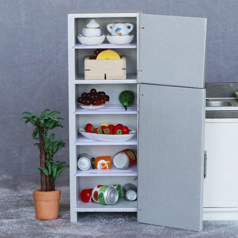 image-Mini Furniture Model Micro Scene Kitchen Wooden Distressed Refrigerator Double Door