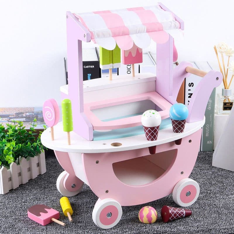 image-Wooden Kitchen Toy Play House Simulation Ice Cream Cart
