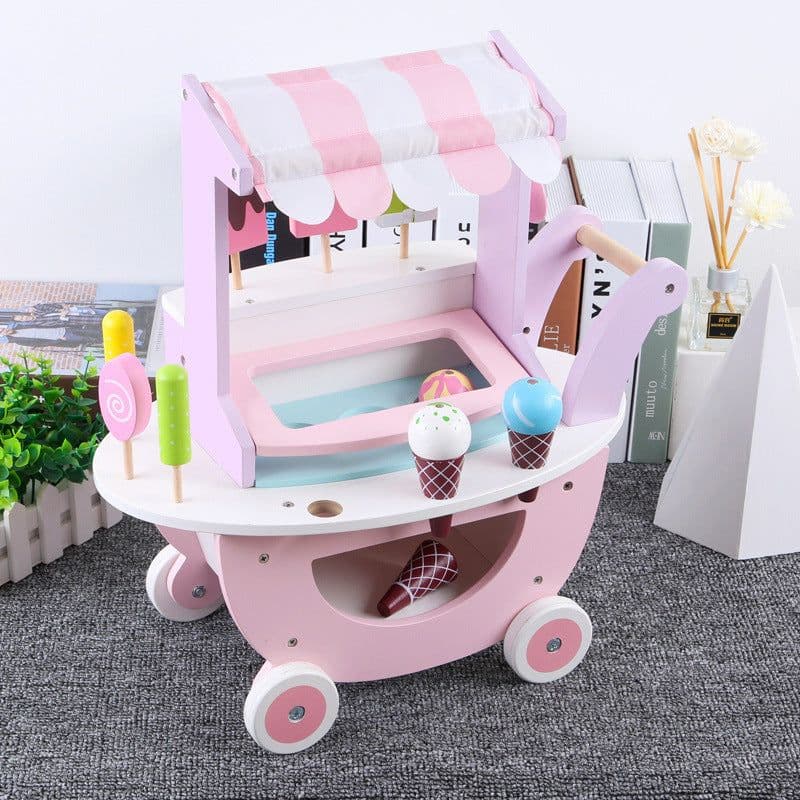 image-Wooden Kitchen Toy Play House Simulation Ice Cream Cart