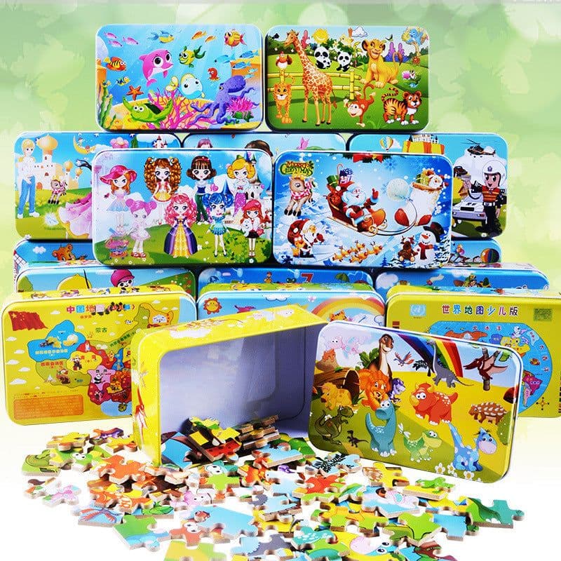 image-Childre Wooden 60 Piece Iron Box Wooden Puzzle
