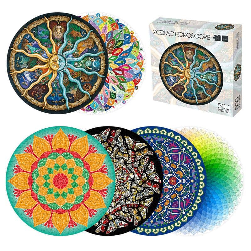 image-Round Puzzle 500 Pieces Zodiac Rainbow Magic Kaleidoscope