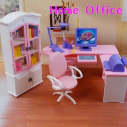 image-Doll Furniture Office Computer Desk Bookcase Set Play House Toys