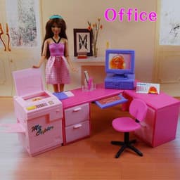 image-Doll Furniture Office Computer Desk Bookcase Set Play House Toys