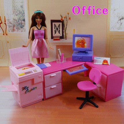 image-Doll Furniture Office Computer Desk Bookcase Set Play House Toys