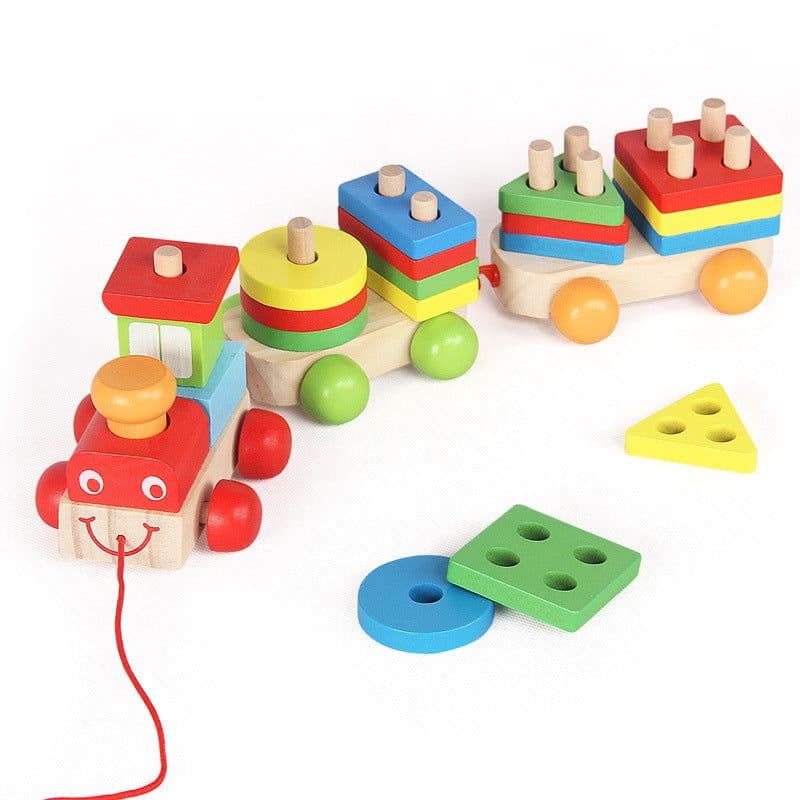 image-Children's Puzzle Matching Drag Train Wooden Building Blocks Teaching Aids