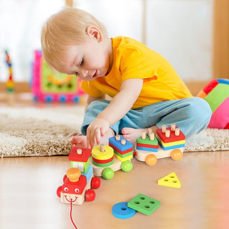 image-Children's Puzzle Matching Drag Train Wooden Building Blocks Teaching Aids