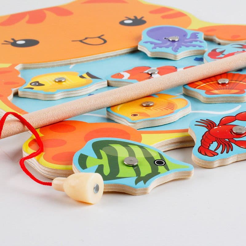 image-Wooden Children's Double Rod Magnetic Frog Kitten Fishing Educational Toys