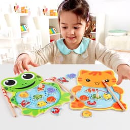 image-Wooden Children's Double Rod Magnetic Frog Kitten Fishing Educational Toys