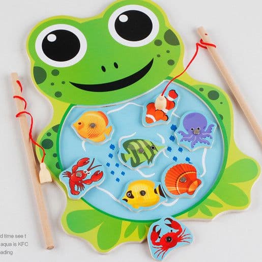 image-Wooden Children's Double Rod Magnetic Frog Kitten Fishing Educational Toys
