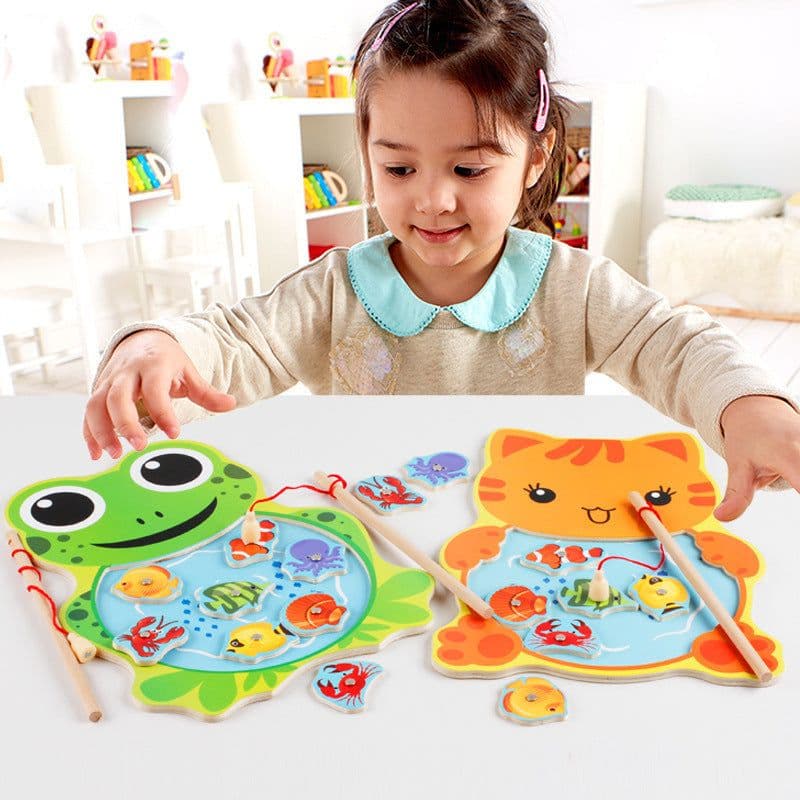 image-Wooden Children's Double Rod Magnetic Frog Kitten Fishing Educational Toys
