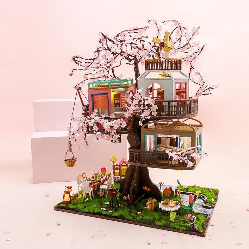 image-Diy Cottage Wood Handmade Pieced Mini House Stereo Puzzle Sakura Forest Treehouse Model Toys