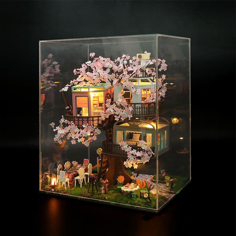image-Diy Cottage Wood Handmade Pieced Mini House Stereo Puzzle Sakura Forest Treehouse Model Toys