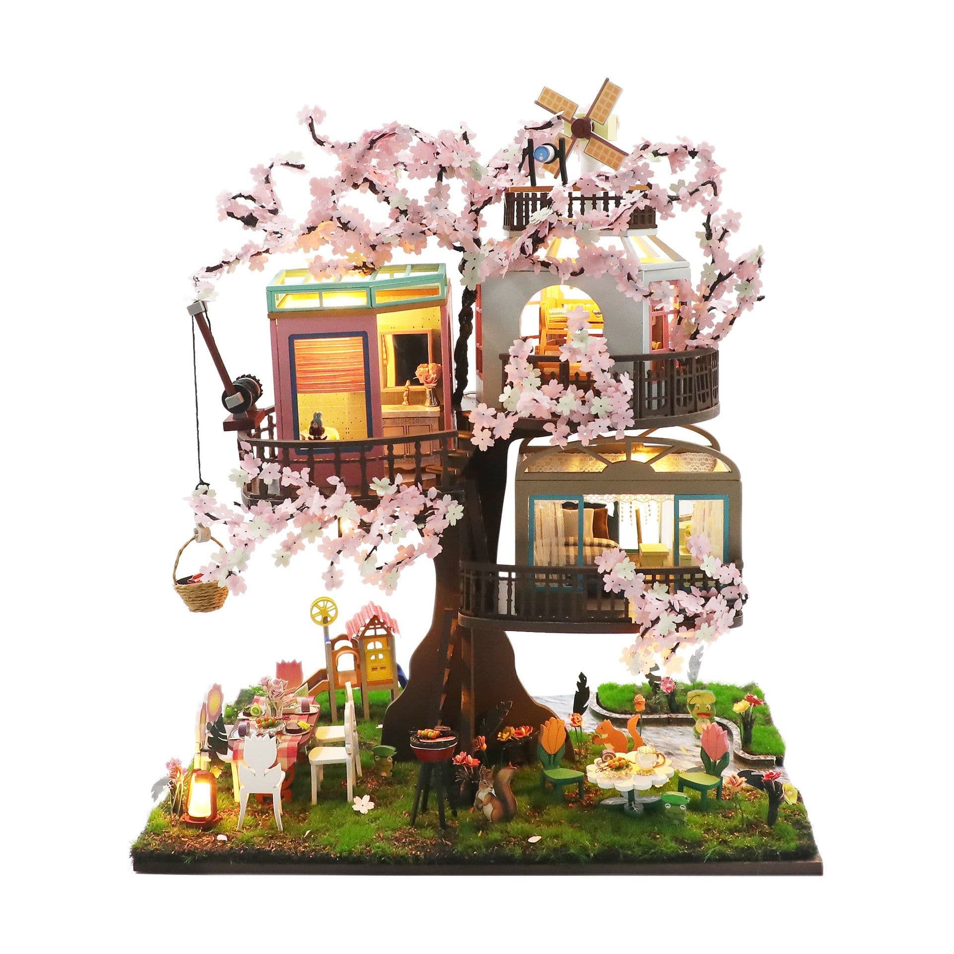 image-Diy Cottage Wood Handmade Pieced Mini House Stereo Puzzle Sakura Forest Treehouse Model Toys