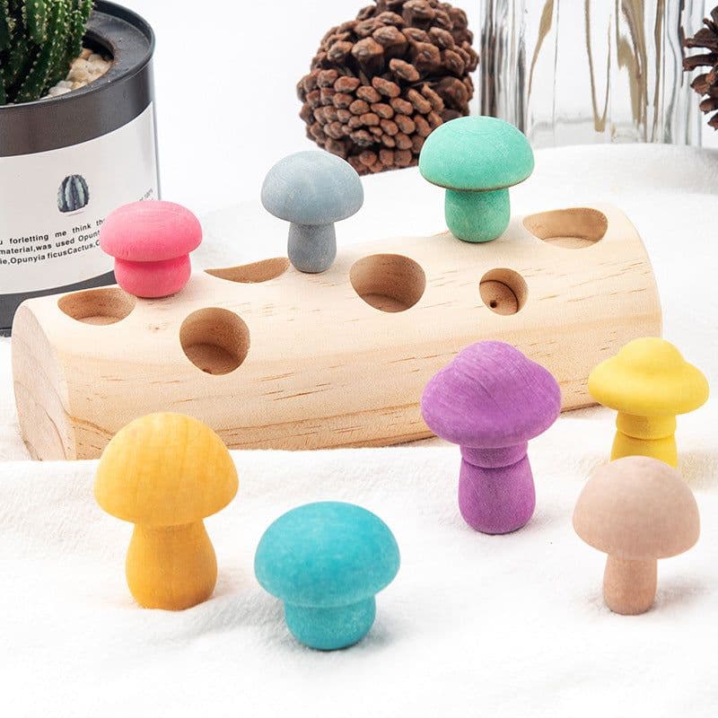 image-Fun Mushroom Picking Game Color Cognition Puzzle Baby's Building Blocks Education Wooden Toys