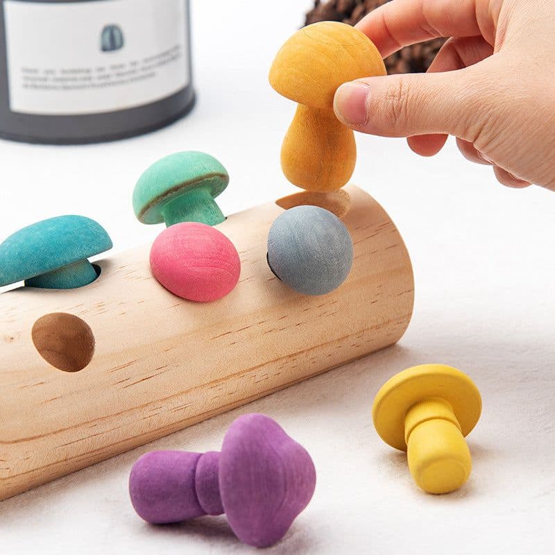 image-Fun Mushroom Picking Game Color Cognition Puzzle Baby's Building Blocks Education Wooden Toys