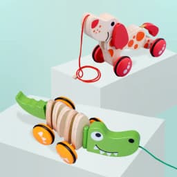 image-Wooden Animal Puppy Crocodile Trailer Children's Cartoon Parent-child Toddler Car Baby 3-6 Years Old Educational Toys