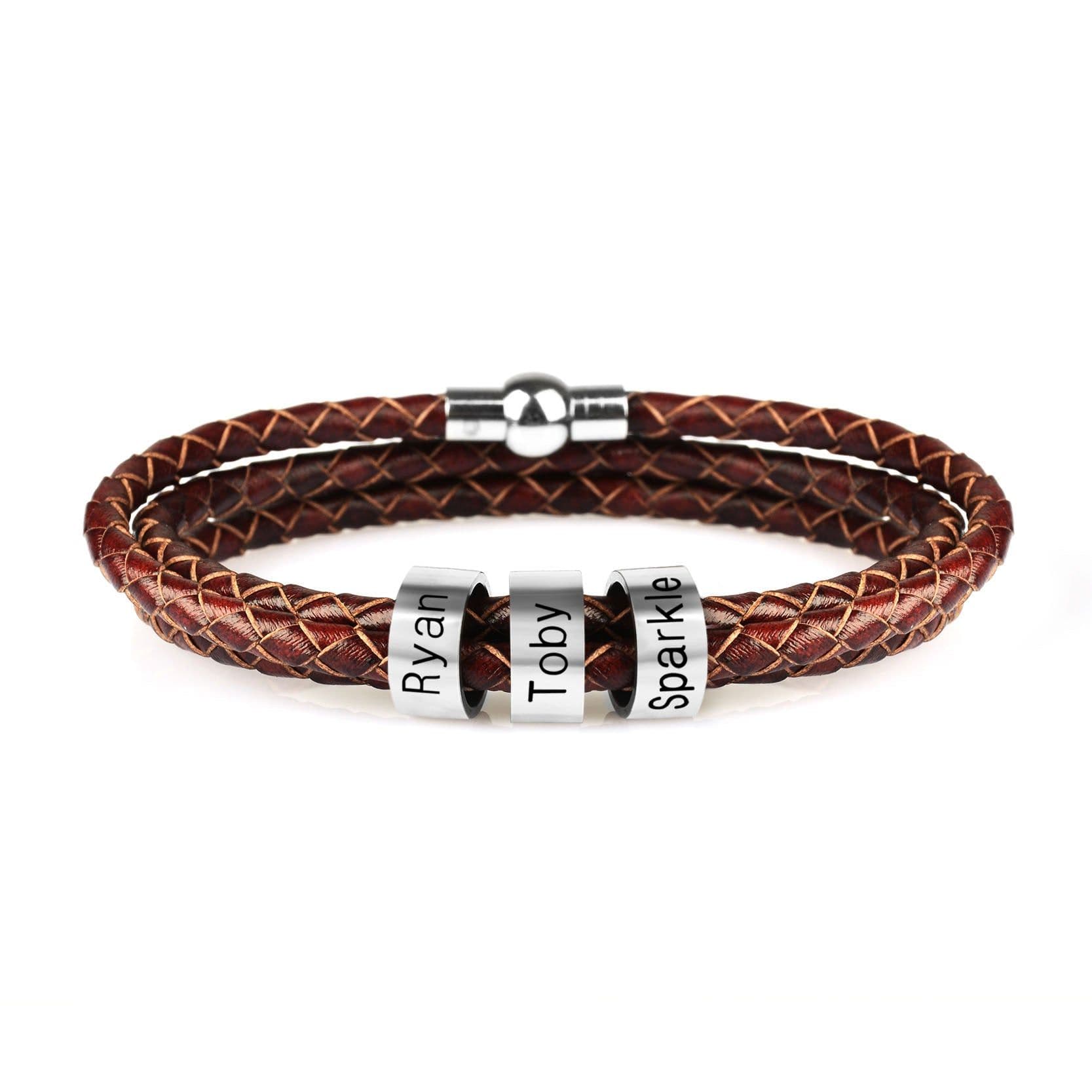 image-Personalized Mens Braided Genuine Leather Bracelet Stainless Steel Custom Beads Name Charm Bracelet For Men With Family Names