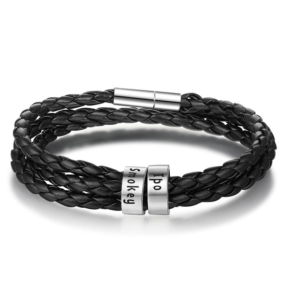 image-Personalized Mens Braided Genuine Leather Bracelet Stainless Steel Custom Beads Name Charm Bracelet For Men With Family Names