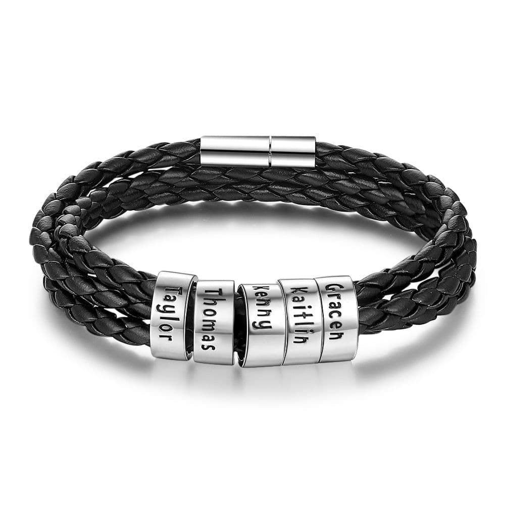 image-Personalized Mens Braided Genuine Leather Bracelet Stainless Steel Custom Beads Name Charm Bracelet For Men With Family Names