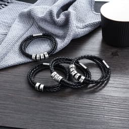 image-Personalized Mens Braided Genuine Leather Bracelet Stainless Steel Custom Beads Name Charm Bracelet For Men With Family Names