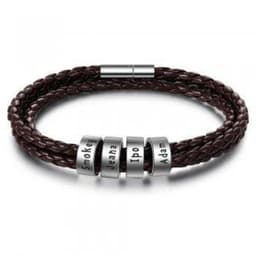 image-Personalized Mens Braided Genuine Leather Bracelet Stainless Steel Custom Beads Name Charm Bracelet For Men With Family Names