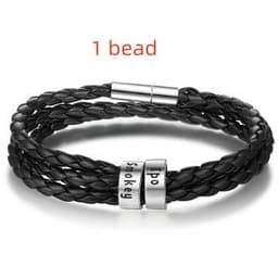 image-Personalized Mens Braided Genuine Leather Bracelet Stainless Steel Custom Beads Name Charm Bracelet For Men With Family Names