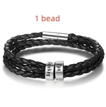 image-Personalized Mens Braided Genuine Leather Bracelet Stainless Steel Custom Beads Name Charm Bracelet For Men With Family Names