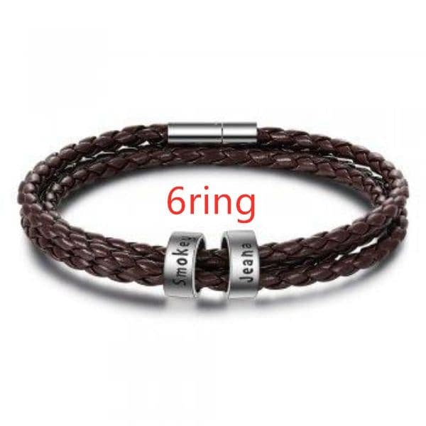 image-Personalized Mens Braided Genuine Leather Bracelet Stainless Steel Custom Beads Name Charm Bracelet For Men With Family Names