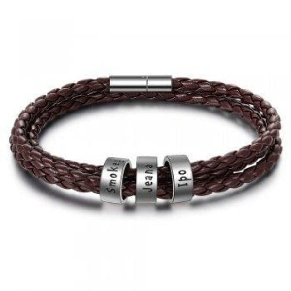 image-Personalized Mens Braided Genuine Leather Bracelet Stainless Steel Custom Beads Name Charm Bracelet For Men With Family Names