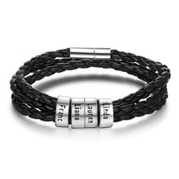 image-Personalized Mens Braided Genuine Leather Bracelet Stainless Steel Custom Beads Name Charm Bracelet For Men With Family Names