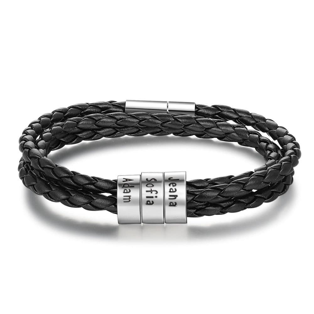 image-Personalized Mens Braided Genuine Leather Bracelet Stainless Steel Custom Beads Name Charm Bracelet For Men With Family Names