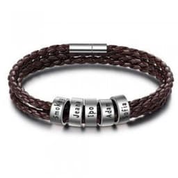 image-Personalized Mens Braided Genuine Leather Bracelet Stainless Steel Custom Beads Name Charm Bracelet For Men With Family Names