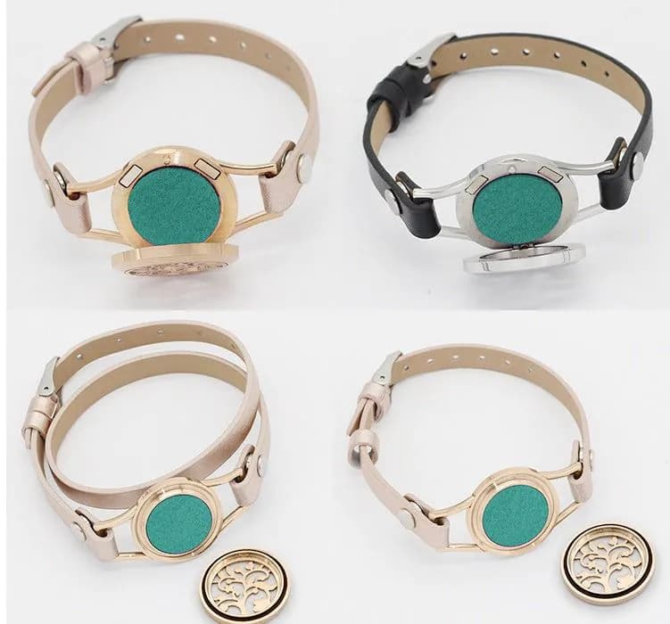 image-Stainless Steel Titanium Steel Hollow Perfume Fragrance Bracelet Double Circle Leather Belt Essential Oil Diffusion Fragrance Bracelet